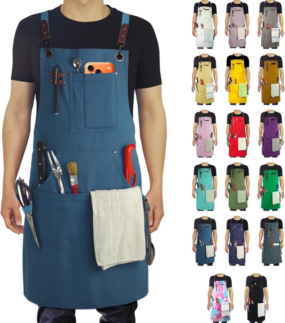 Kitchen Apron, Work Apron, Canvas, Multiple Pockets, Gardening, Painting, BBQ, Artist, Carpenter, Sizes M to XXL, Blue (Pink, XXXL)