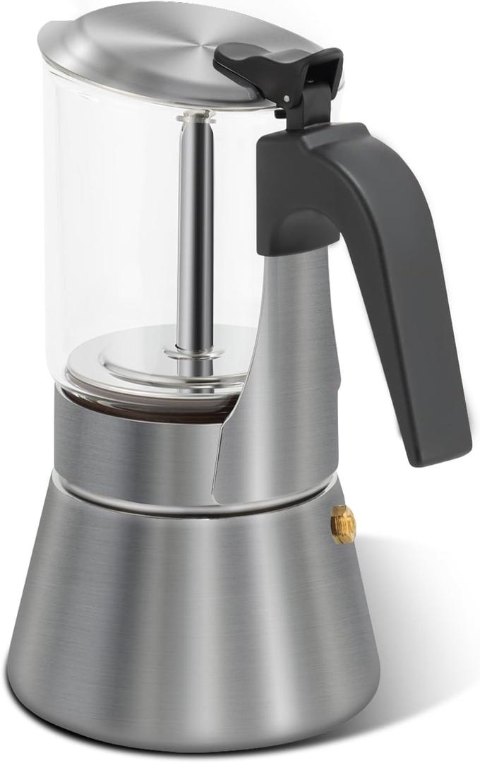 Grasseed Crystal Glass-Top Moka Pot, Brushed Stainless Steel Stovetop Espresso Maker for Italian Coffee - 9 Cup/360ml/12.6oz