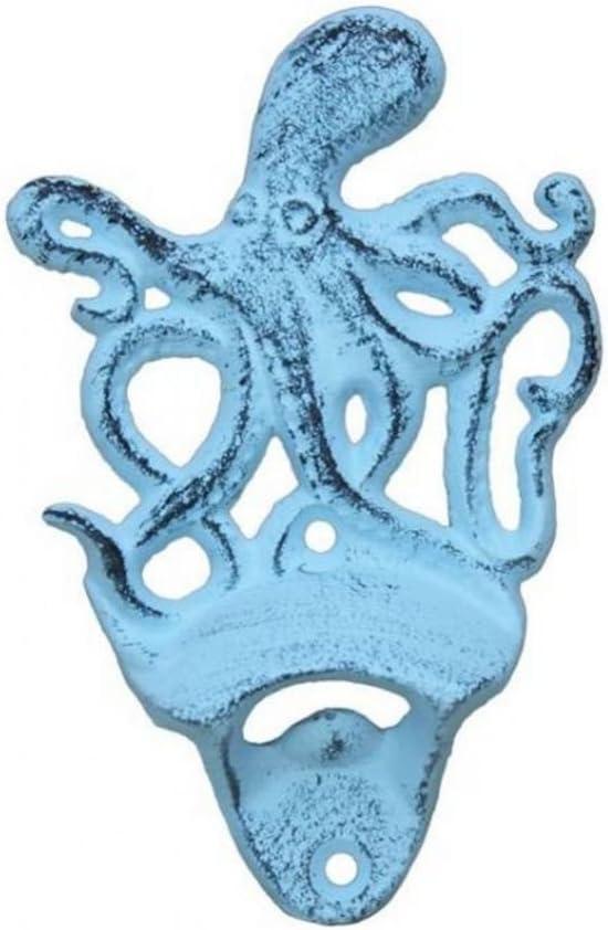 Hampton Nautical Dark Blue Whitewashed Cast Iron Wall Mounted Octopus Bottle Opener
