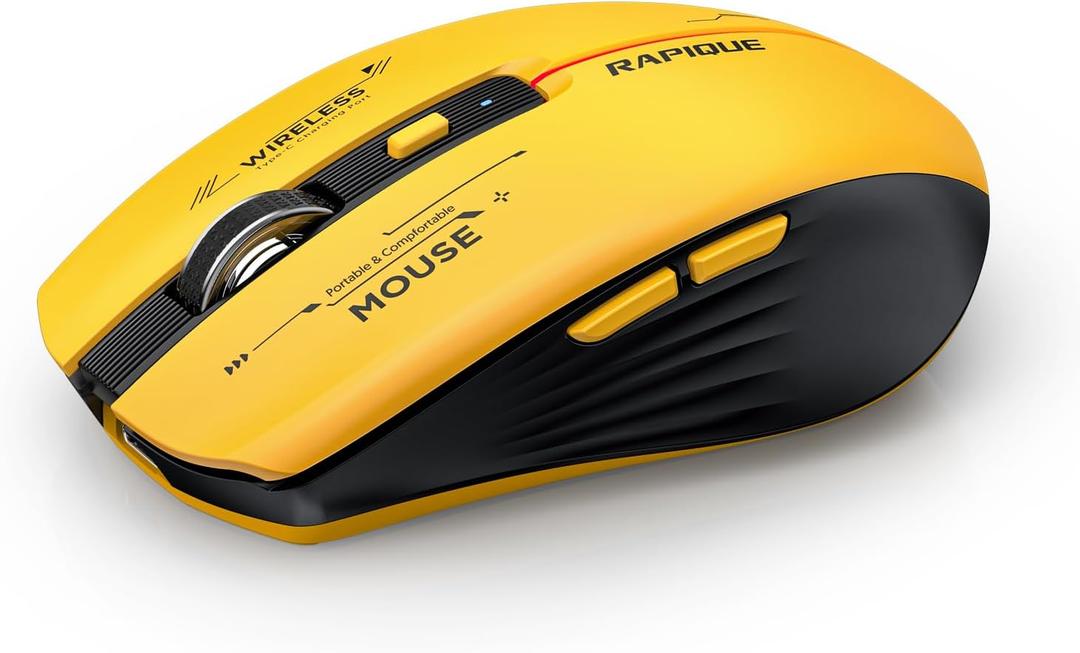 RAPIQUE Bluetooth Wireless Mouse - (BT1/BT2+USB Receiver) Tri-Device Compatibility for PC, Laptop, Computer, MacBook, Tablet (Black and Yellow)