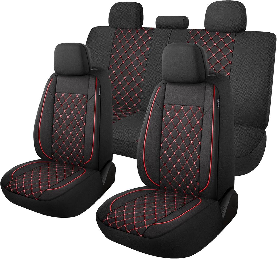 YGL Breathble Car Seat Covers Full Set, Washable Seat Covers for Cars, Premium Cloth Car Seat Protectors, Interior Covers for Cars, Sedan Van Truck SUV(Black/Red)