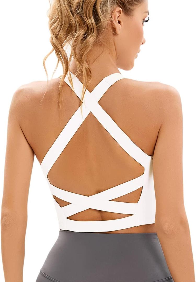 YUDESEN Sports Bras for Women Criss Cross Back Strappy Padded Workout Tank Tops Yoga Bra with Removable Cups (Small, White)