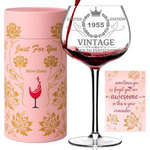 70th Birthday Gifts for Women, Vintage 1955 Wine Glass with Pink Floral Gift Box, Turning 70 Wine Gifts for Her, Funny Present for Wife, Sister, Mom, Daughter, Friends, 16oz