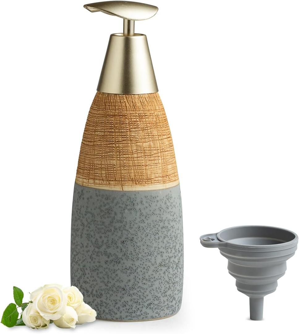 Dish Soap Dispenser for Kitchen, 12 oz Ceramic Hand Soap Dispenser for Bathroom Refillable Dispenser Bottle for Liquid Soap, Shampoo, and Shower Gel, Gray