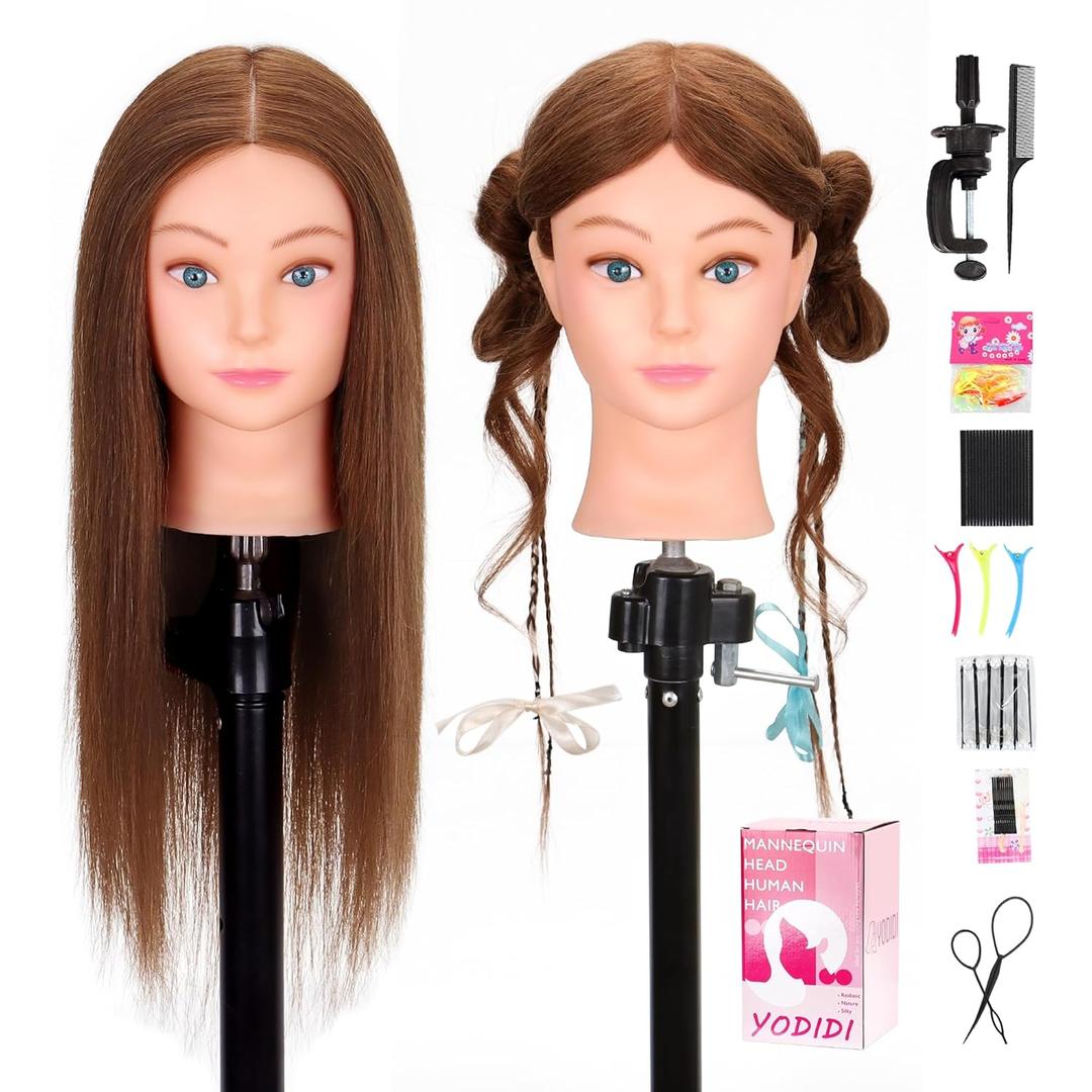 Mannequin Head Human Hair 22"-24" Female 100% Human Hair Mannequin Head Hair Styling Cosmetology Manikin Head Doll Head for Hairdresser with Clamp Holder and Tools (dark brown)