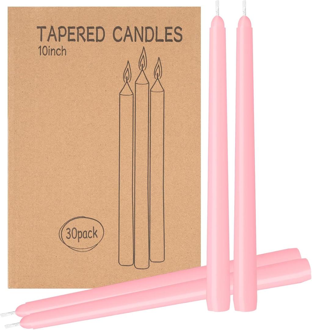 LYOBATH 30 Pack Pink Taper Candles - Taper Candles 10 Inch Dripless, Smokeless & Unscented - 8 Hours Long Burning - Ideal for Weddings, Dinner Parties, and Home Decor
