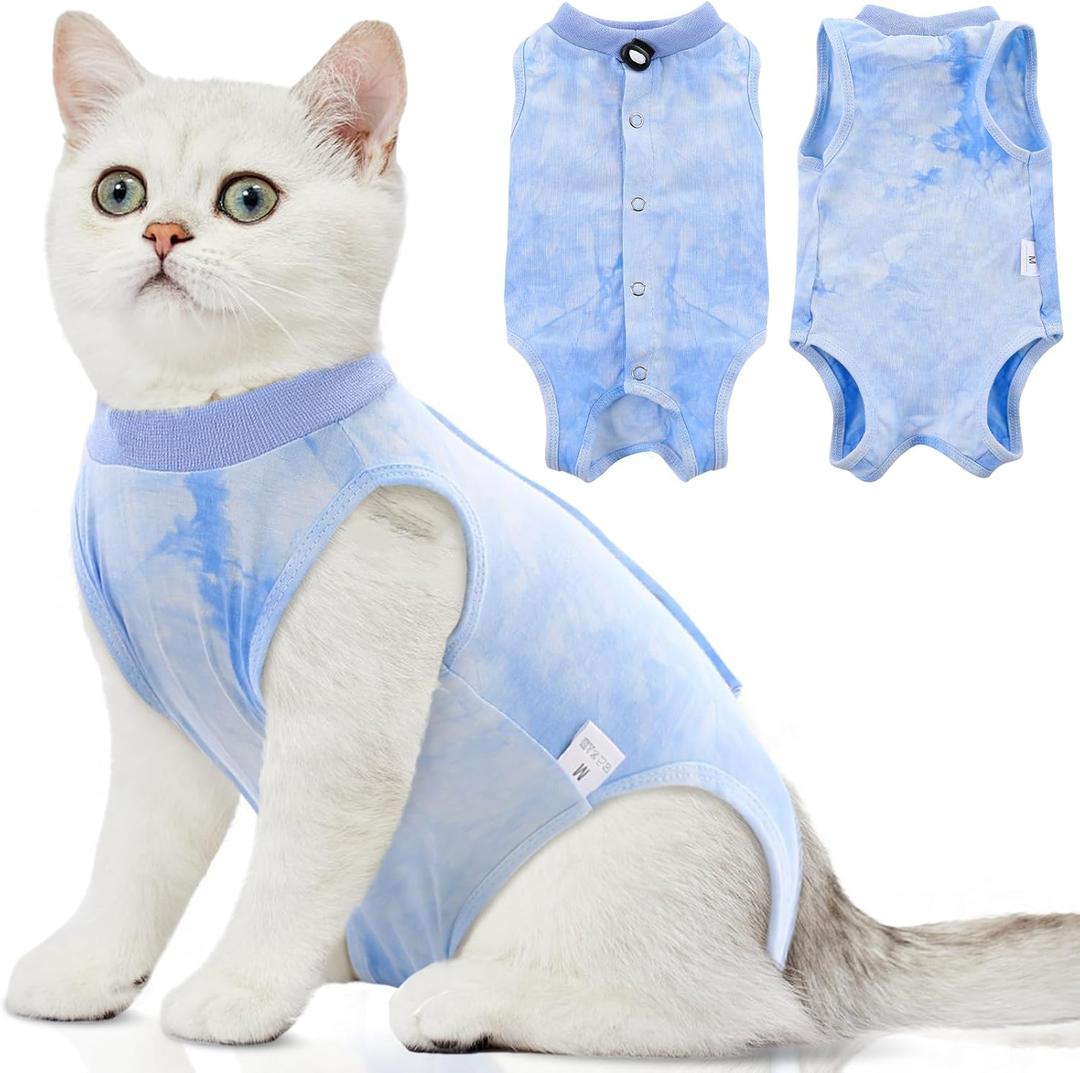 SAWMONG Cat Surgery Recovery Suit,Breathable Cat Onesie After Surgery Spay Surgical,E-Collar Alternative Non-Lick Pet Body Suit Blue M