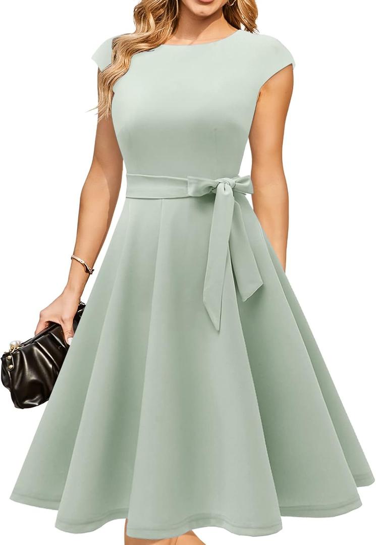 DRESSTELLS Women's Cocktail Dresses, Formal Wedding Guest Modest Church Vintage Tea Party Midi Evening Dress (X-Large, Lightgreen)