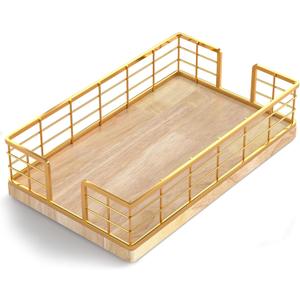 Wican Guest Towel Holder Tray for Bathroom, Oak and Iron Napkins Holder for Powder Room Dinning Table Wooden Basket for Disposable Paper Hand Towels Gold and Oak