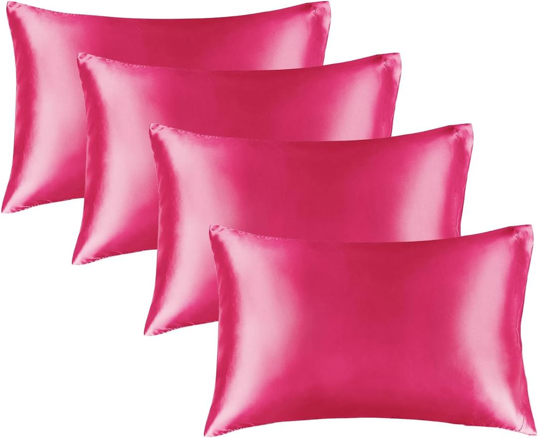 2 x BEDELITE Satin Pillowcase for Hair and Skin, Super Soft Similar to Silk Pillow Cases 4 Pack with Envelope Closure, Cooling Pillowcases for Women Men (20"x40" King Size, Hot Pink)