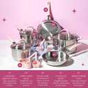 Paris Hilton Stainless Steel Pots and Pans Set with Stay-Cool Pink Handles, Tempered Glass Lids, Bonus Heart Shaped Measuring Cups and Spoons, Dishwasher Safe Cookware, 10-Piece Set