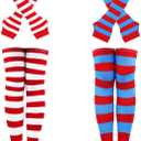 2 Sets Striped Socks and Gloves Over Knee Thigh High Stockings for Halloween Women Thing 1 Thing 2 Cosplay Costume, 24in Long