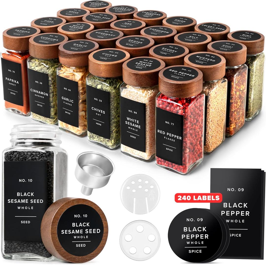 EDELHAUS Square Spice Jars with Acacia Wooden Lid (Pack of 24) Spice Jars with Shaker Insert and 240 Labels - Acacia Lids Glass Container for Spice Organisation [4.3 in 1.8 in]