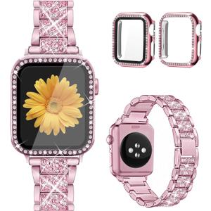 Mesime Compatible for Apple Watch Band with Screen Protector Case, Jewelry Replacement Bands 46mm 45mm 44mm 42mm 41mm 40 mm 38mm 2 Pack Protective Cover for iWatch Series 10/9/8/7/6/5/4/3/2/1/SE Women (Pink)