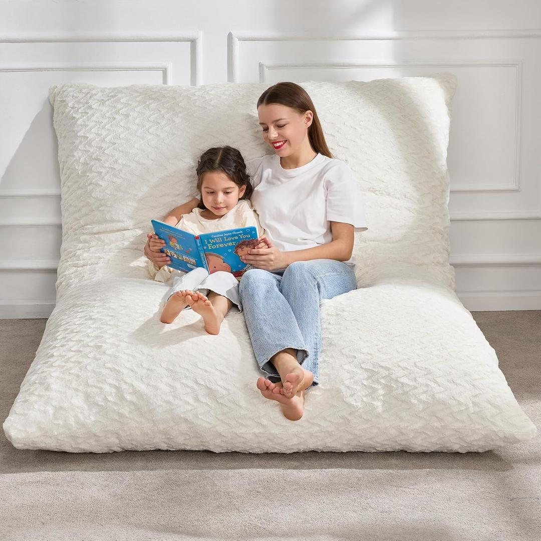 Hobestluk 3 in 1 Bean Bag Chair Giant Bean Bag Chairs for Adults with Chevron Plush Fur Cover Convertible Bean Bag Floor Cushion with Machine Washable Cover for Living Room (Chevron Plush White)
