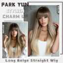 PARK YUN 28 Inch Long Straight Wig with Bangs for Women Ash Brown to Platinum Blonde Ombre Synthetic Wig Natural Layered Hair for Daily Use & Cosplay
