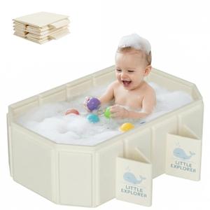 Foldable Baby Bathtub for Ages 06, Toddler Bath Tub for Shower, Collapsible Kids Bathtub with 4 Support Legs, Anti-Slip Bottom & Dual Drain Holes, Portable Travel Bath, Easy Storage (Off-White)
