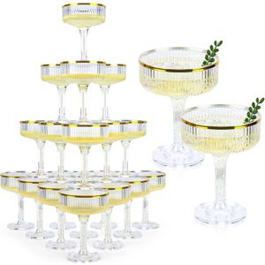 30 Pack Clear Champagne Tower Glasses 7OZ Plastic Martini Glasses Champagne Coupe Glass Cocktail Glass with Gold Rim Champagne Flutes Stackable Stemmed Coupe Glass for Weddings Birthday Party