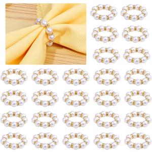 60 Pcs Gold Disposable Napkin Rings, Imitation Pearl Napkin Rings Holder Beaded White & Golden Beaded Serviette Buckles for Formal Wedding Dinner Home Decor Party Supplies (Gold, 60 Pcs)