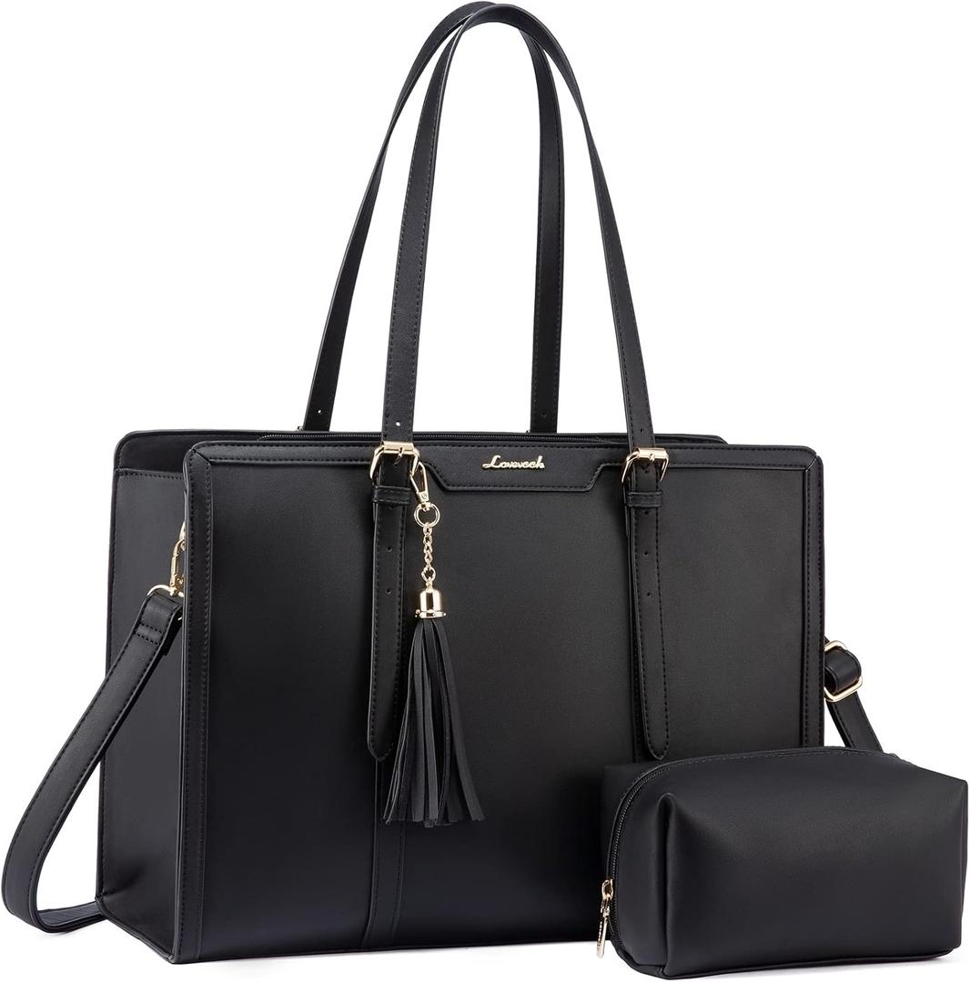 LOVEVOOK Laptop Bag for Women 15.6 inch Lightweight PU Laptop Tote Bag, Large Capacity Computer bag with Clutch Purse for Business, Work, Office, Travel, School,Casual(Black & Leather)