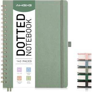 AHGXG HGXG Dotted Journal Spiral Notebook, Large B5 Dotted Notebook 140 Pages, Leather Hardcover, 100 GSM Thick Dot Grid Paper, Inner Pocket, for Dotted Journaling, 7.6" x 10", Sage Green