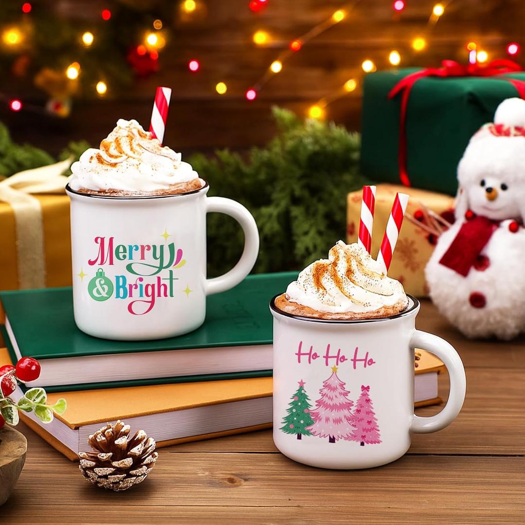 2 Pcs Pink Pastel Christmas Coffee Mugs 15oz Merry and Bright Ho Hoho Christmas Ceramic Mug Xmas Tree Ceramic Cups with Handle Holiday Cups Gifts for Women Xmas Winter Supplies