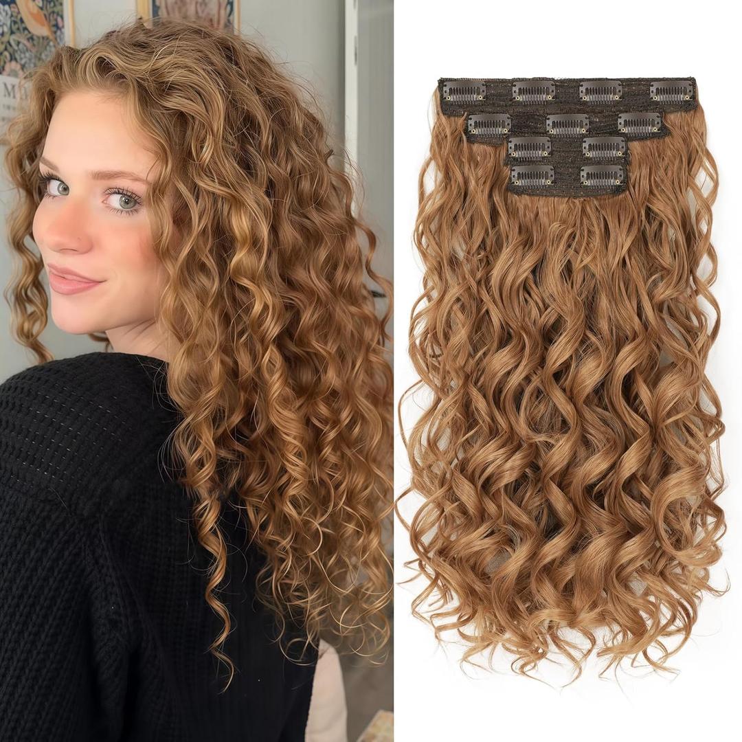 Curly Clip In Hair Extensions, 4PCS 16 Inch Medium Reddish Blonde Extensions Clip Ins, Lace Weft Short Curly Invisible Natural Hairpieces for Women