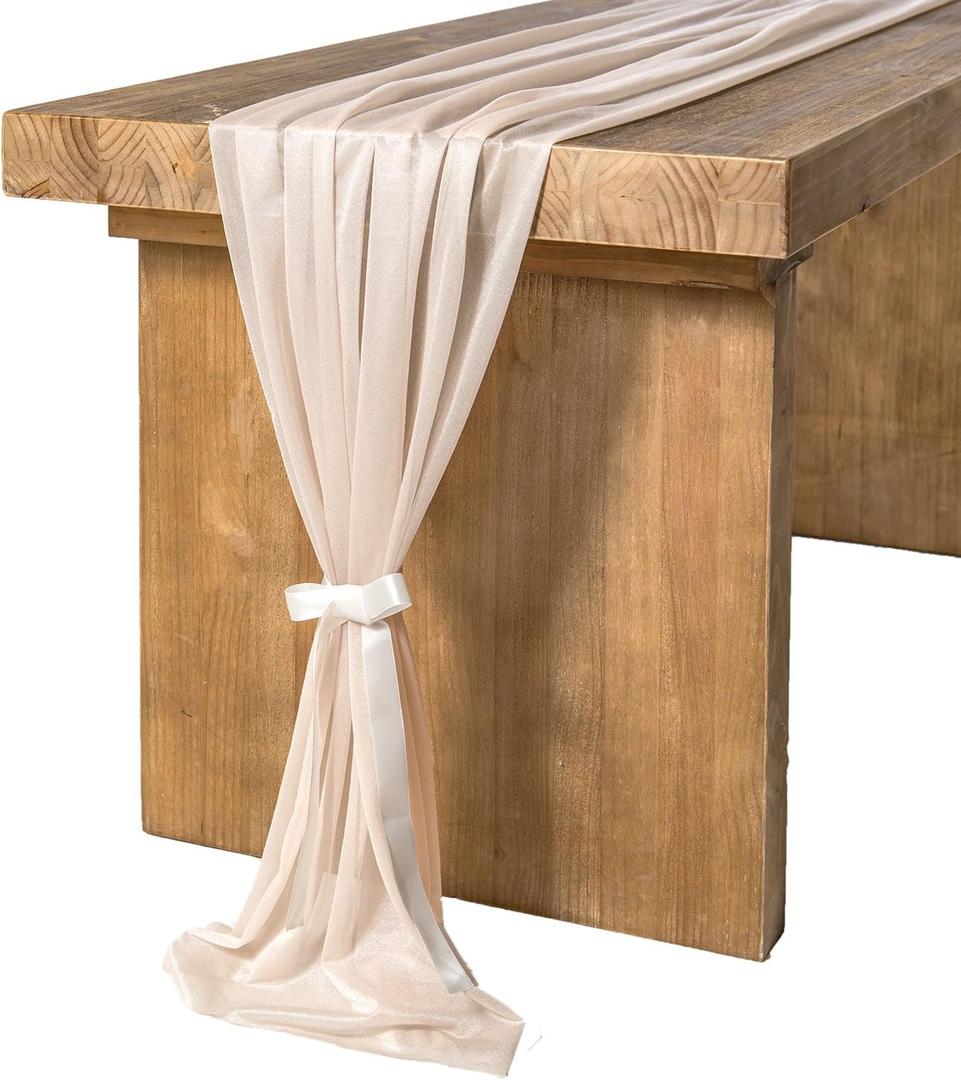 Ling's Moment 10Ft Nude Sheer Chiffon Like Table Runner Champagne Tulle Table Runner with Silver Sparkle for Elegant Wedding Rustic Boho Party Bridal Shower Beige Decorations Birthday