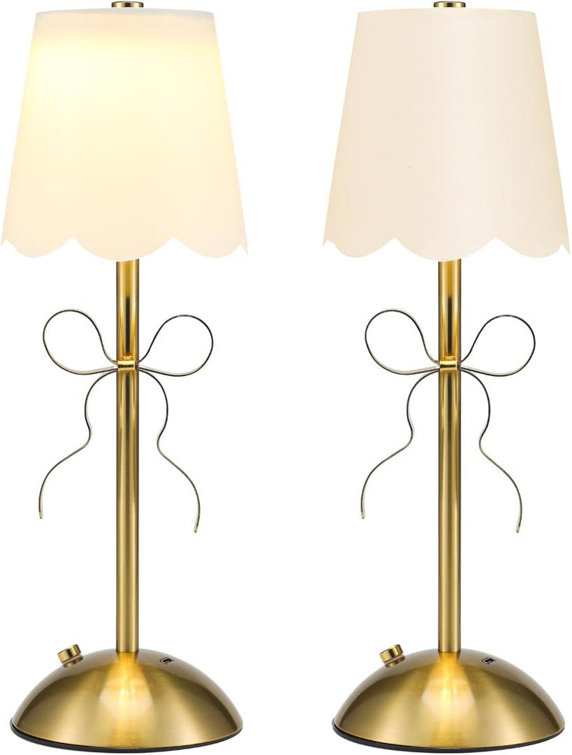 2 Pack Fabric Bow Lamp Three-Color Light Adjustment Golden Bowknot Bedside Lamp with Fabric Lampshade for Princess Rooms Girls' Rooms Pink Party Decoration