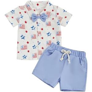 Nsdoiouw Toddler Baby Boy 2Pcs 4th of July Outfit Set American Flag Short Sleeve Down Collar Shirt Shorts Set Summer Clothes, 2 Pcs 18-24M
