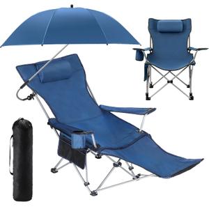 2-in-1 Reclining Camping Chair with 360 Umbrella Folding Lounge Beach Chair with Footrest and Universal Clamp UPF 50+ Adjustable Umbrella Portable Lightweight Seating for Adults Outdoor