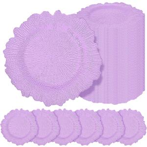 50 Pcs Lavender Charger Plates Bulk 13 Inch Plastic Charger Plates for Dinner Plate, Lavender Chargers for Table Setting, Reef Design Plate Floral Decorative Round Chargers for Wedding Party, Event