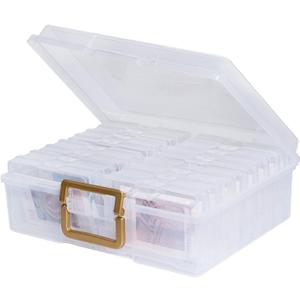 novelinks Transparent 4" x 6" Photo Organizers and Photo Storage Box with Handle, 16 Inner Photo Cases, Portable Picture Organizers & Photo Storage Containers (Clear-Gold Handle)