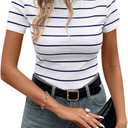 LilyCoco Womens Striped Short Sleeve T Shirts Crewneck Knitted Top Fitted Tee Blue Large (L)