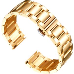 BINLUN Stainless Steel Watch Band, Heavy Duty Metal Replacement Strap with Polished & Matte Brushed Finish for Men and Women, 16mm-26mm(Polished Gold,18mm)
