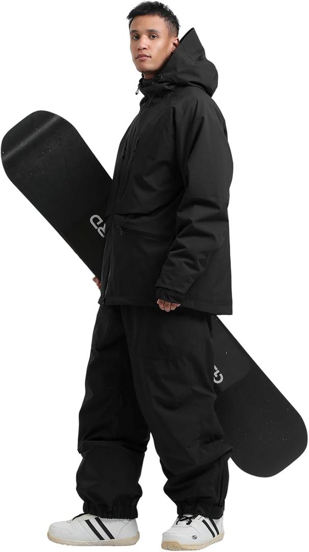 GSOU SNOW Mens Ski Jacket and Pants Set Baggy Snowboard Suit Ski Snowsuit Snow Bibs Waterproof Hooded (Small, Black)