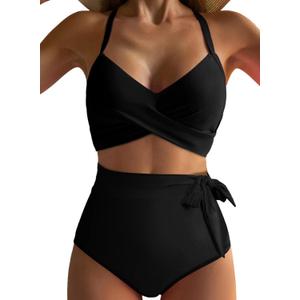 Dokotoo Women's High Waisted Floral Bikini Sets Swimsuit Suit for Women 2025 Tummy Control Bathing Suit Swimwear for Summer (Small, Black)