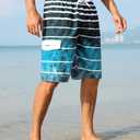 unitop Men's Swimming Trunks Quick Dry Summer Striped Beach Board Shorts with Lining (34, Lake Blue)
