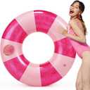 48" Giant Glitter Inflatable Swim Floats with Large Cup Holder Jumbo Pink Striped Pool Ring Fun Print Pool Lounger Tube for Adult Summer Swimming Beach Party Supplies