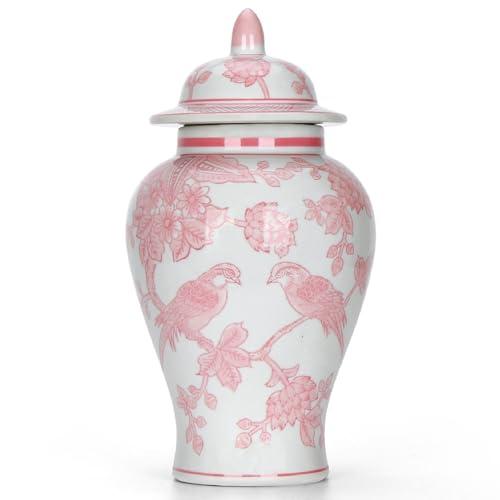 11″ Pink Ginger Jar with Lid Porcelain Stylized Songbirds Floral Temple Jar Chinoiserie Vase Chinese Style Ginger Jars Antique Home Decor for Interior Design