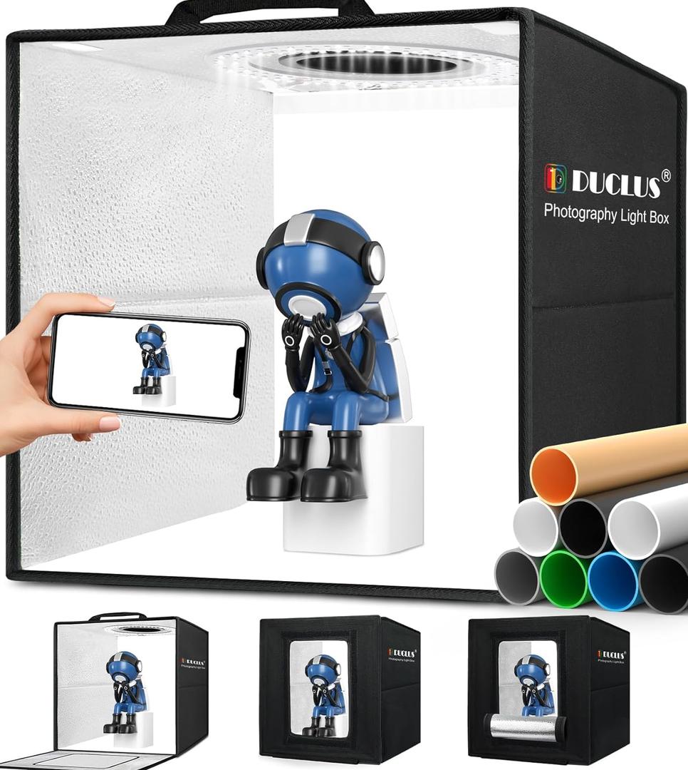 DUCLUS Light Box Photography, 12"x12" Professional Photo Booth Box with 8 Photo Backdrop, 120 LED Lights Dimmable & high CRI>95 Lightbox for Mini Product Photography: Jewelry, Miniature Models etc.