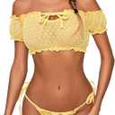 Avidlove Bra and Panty Set Ruffle Lingerie Set Mesh Babydoll Chemise (X-Small, Yellow)