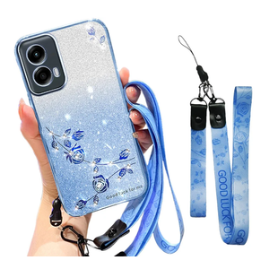 Motorola G Stylus 5G 2024 Case with Crossbody Lanyard and Wrist Strap, Glitter Clear Floral TPU Protective Cover for Women Girls Bling Diamond Design for Moto G Stylus 5G 2024 – YSS Blue