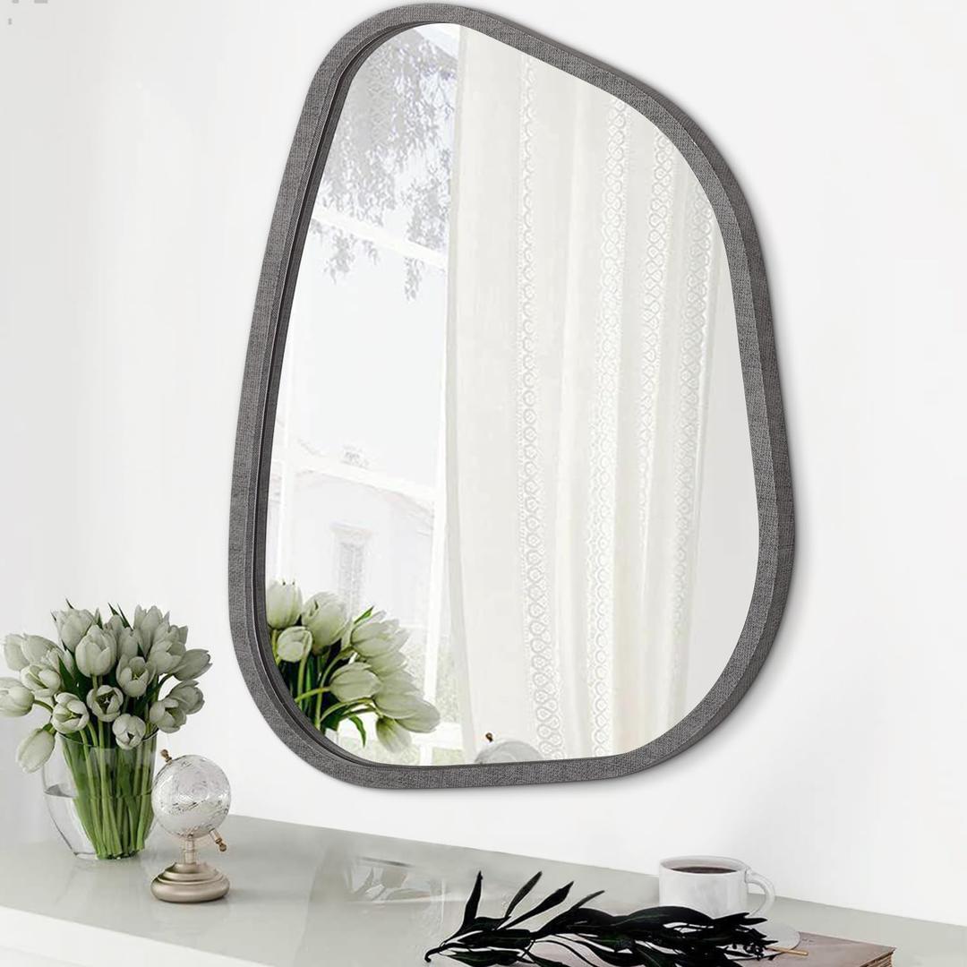 Asymmetrical Mirror for Wall Decor Large 20"x16" Modern Oval Wooden Framed Wall Mirror Unique Shape Wall Mounted Vanity Artistic Wavy Mirror Decorative for Living Room Bedroom Bathroom (Ash)
