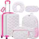 Redbaker 17 Inch 6 Pcs Kids Luggage Set Gifts for Christmas Kids Rolling Luggage Double Pattern Suitcase for Boys Girls (Pink, Bow Style)