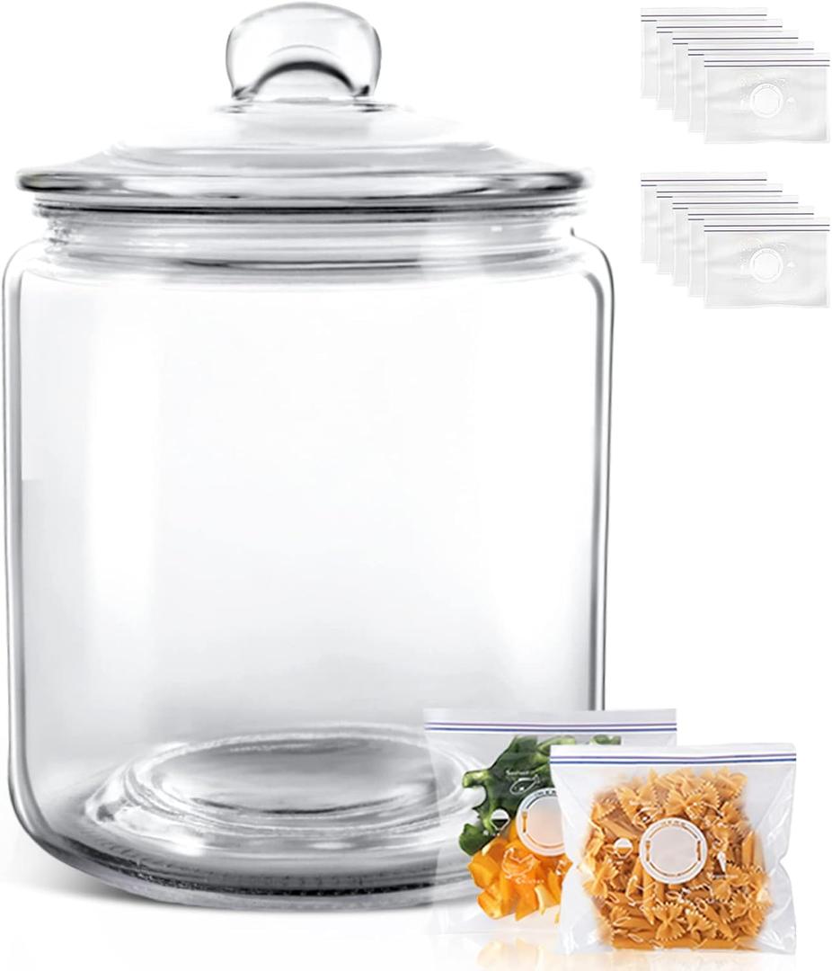 Masthome Large Glass Jar, 1 Gallon Glass Jar with Lid, Airtight,Dishwasher Safe,Wide Mouth Storage Canister for Pasta, Flour, Nuts, Cookies, & More-Send 15 Food Storage Bags