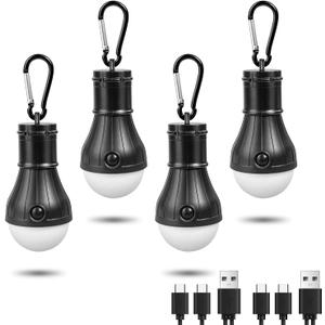 Led Camping Lantern USB Rechargeable, Outdoor Tent Lights for Camping Hanging, Kids with Clip Hook Camping Flashlight (4 Packs, Black)