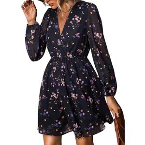 CUPSHE Women's Mini Dresses Casual Spring V Neck Chiffon Long Peasant Sleeves Flowy Summer Dress (Large)