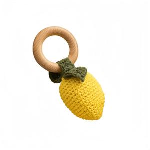 Wooden Baby Rattle Toys Stuffed Crochet Rattle with Teether Ring for Newborn Babies Fruit Wooden Teether Toy Infant Toddler Handcrafted Crochet Rattles Cute Shower Gifts for Boy and Girls (Lemon)
