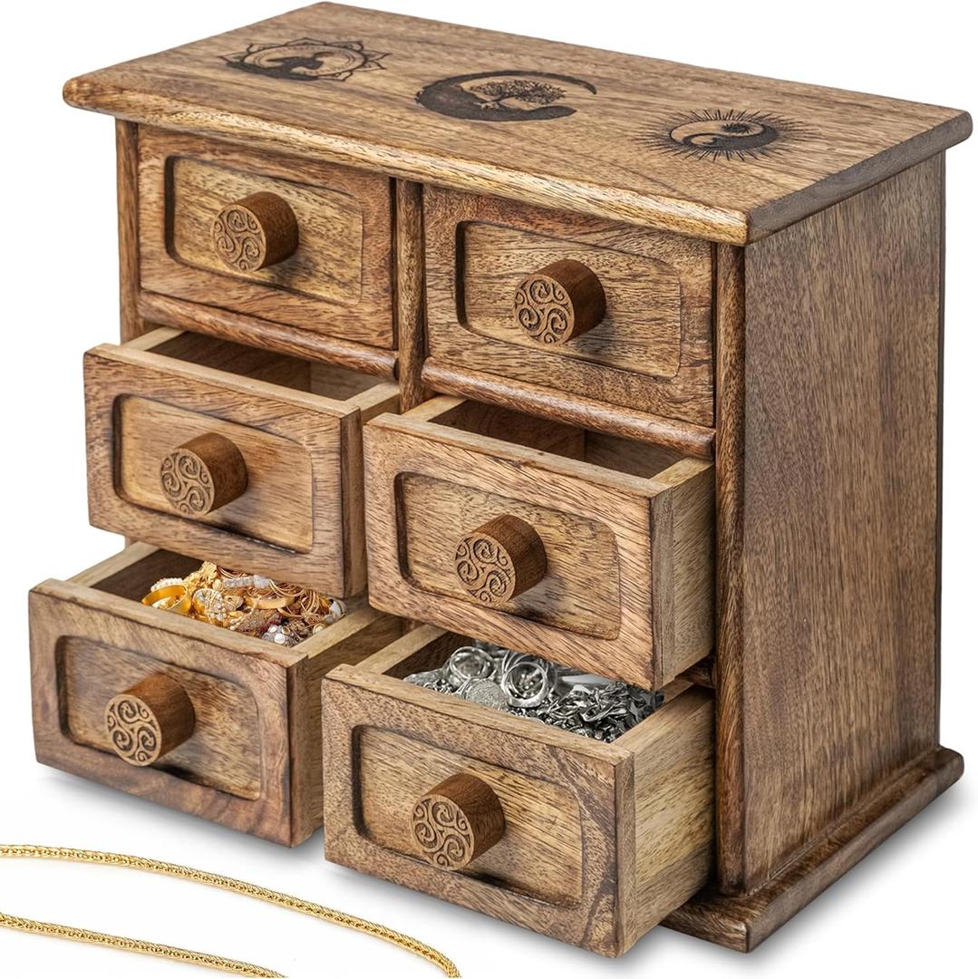 Handmade Wooden Jewelry Box 11" x 9.5" - Engraved Knobs, Top Symbol Markings, Strong and Durable Mango Wood - Large Jewelry Box for Women, Men - 3 x 2 Layer Jewelry Box